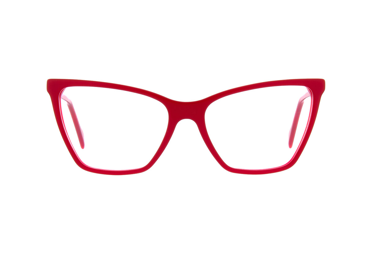 Bold red cat-eye frame.