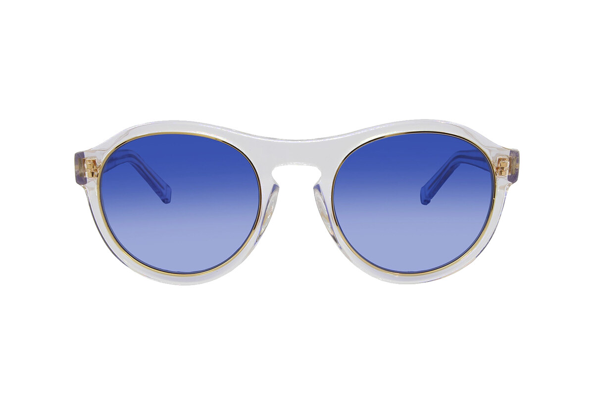 Translucent blue round sunglasses.